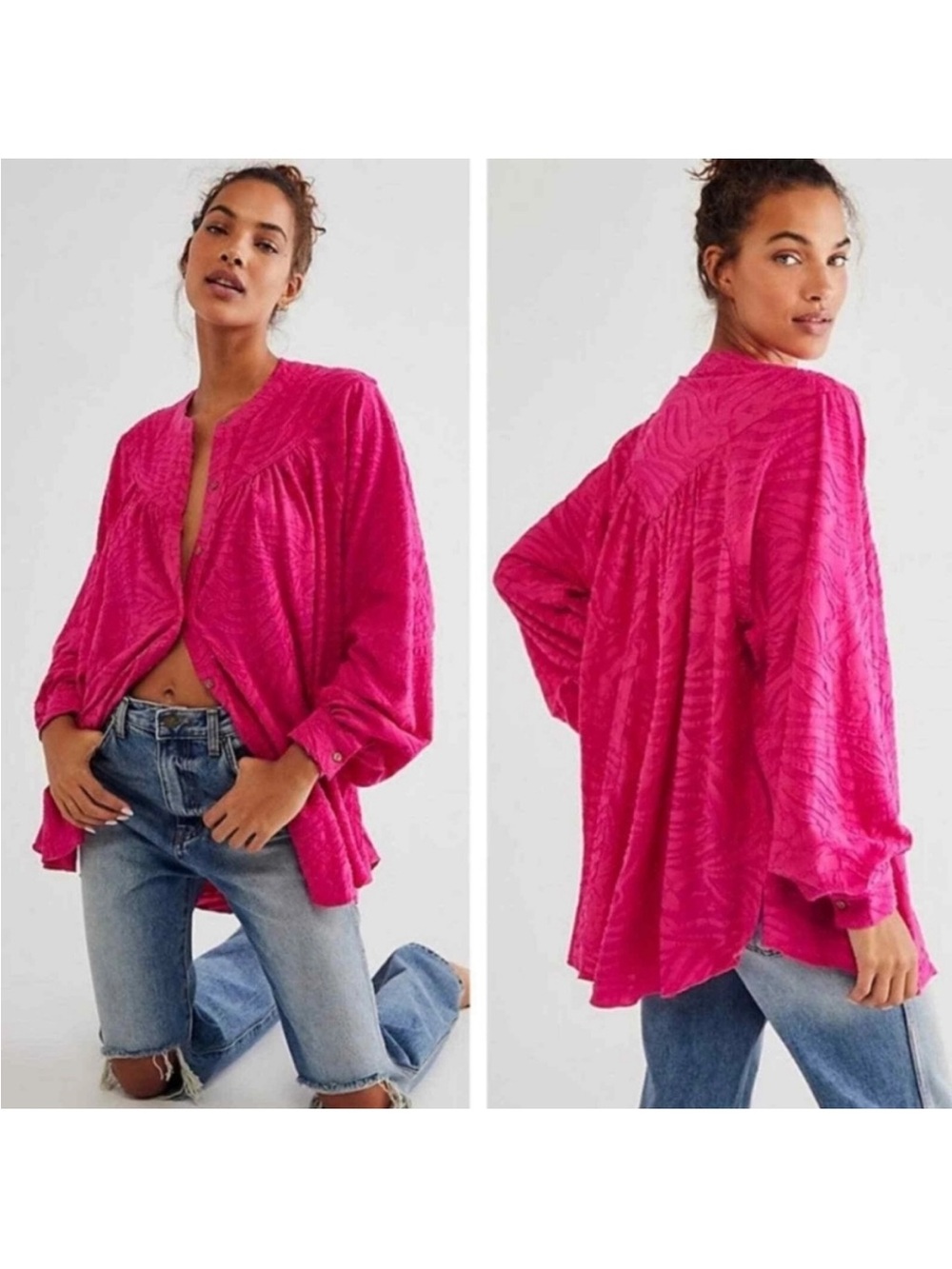 Free People Can’t Stop Dreaming Vibrant Hot Pink Textured Button-Front Tunic